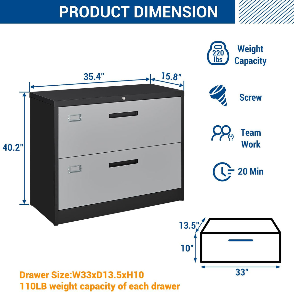 2 Drawer Lateral File Cabinet with Lock, Metal Steel Filling Cabinets