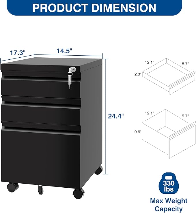 3 Drawer Mobile Metal File Cabinet, Pre-Built Office Storage File Cabinet - Image 2