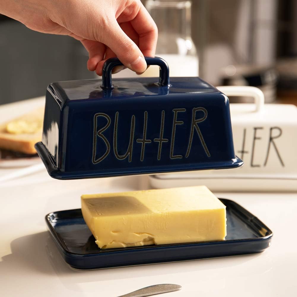 Sweejar Ceramic Butter Dish with Handle Lid, 7.3 Inch Porcelain Large