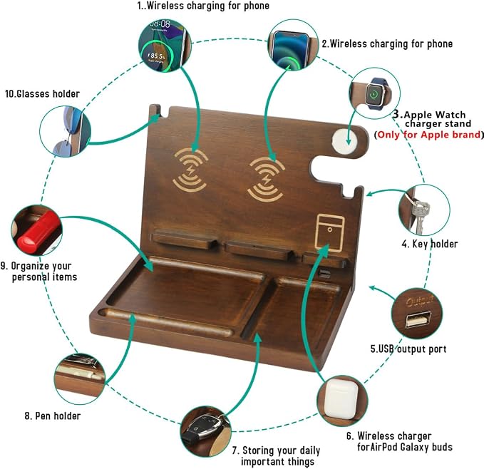 Wood Phone Docking Station Dual Phone Wireless Charging Station Organizer - Image 2
