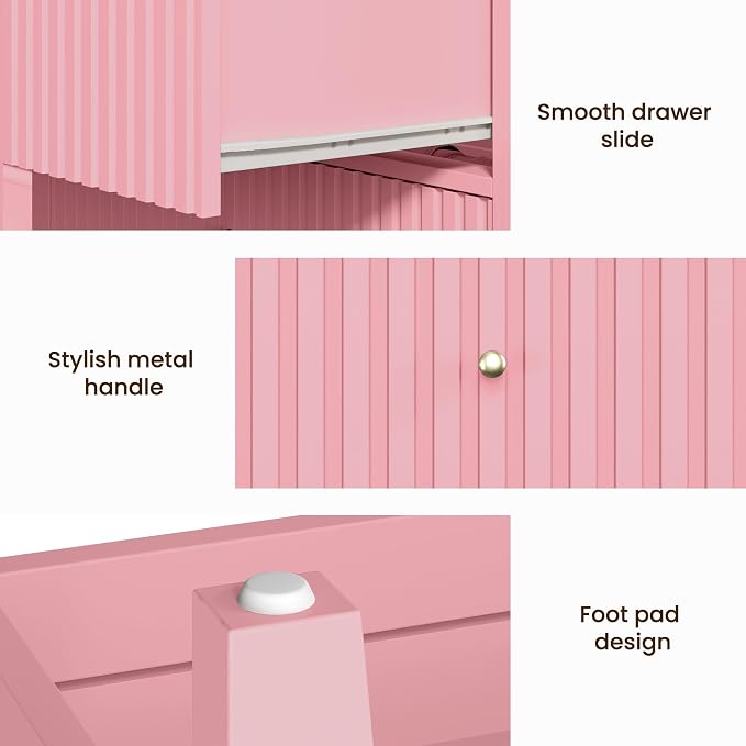 RoyalCraft Fluted 32 inch Wide Nightstand Set of 2, Large Pink Nightstand - Image 4