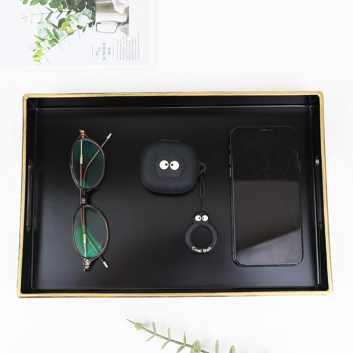 Spsyrine Black Bathroom Vanity Tray with Handles for Dresser Tops