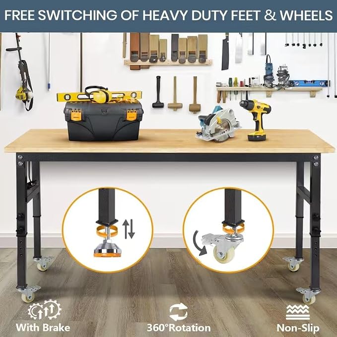 70'' Adjustable Workbench, Rubber Wood Top Work Bench Heavy-Duty Work Table - Image 4