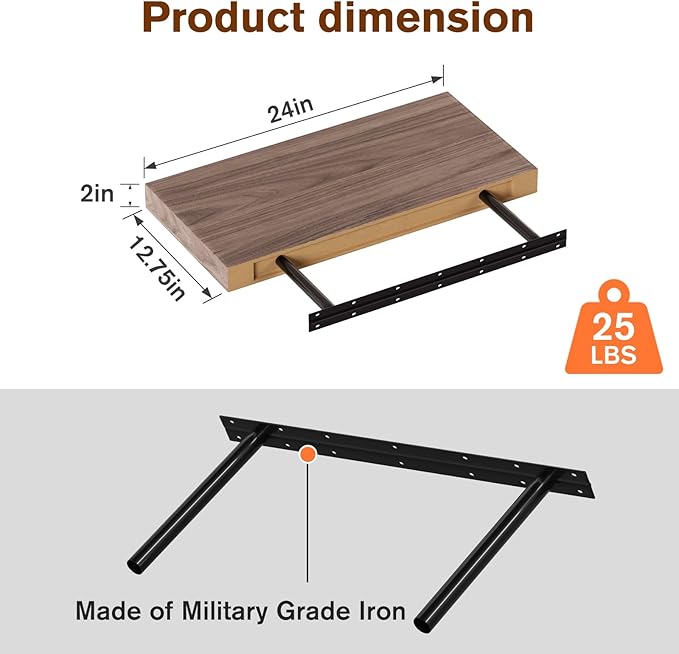 Floating Shelf, 24 in W x 12.75 in D x 2 in H Wooden Floating Wall Shelf - Image 3