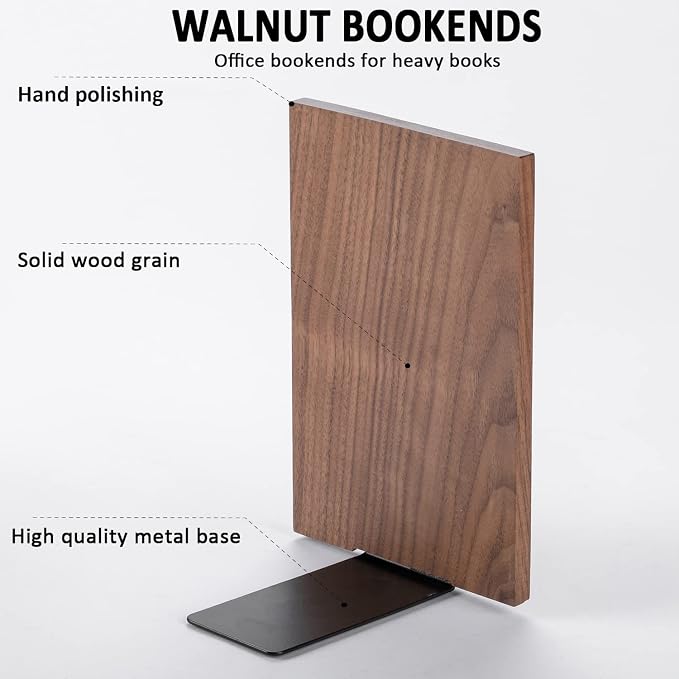 Muso Wood Handmade Walnut Book Ends, Non-Skid Bookends - Image 4