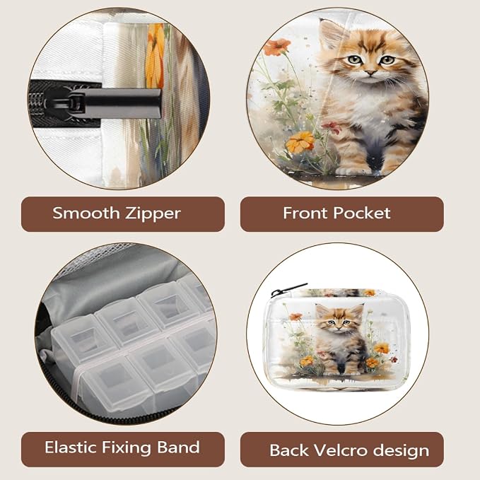Watercolor Lovely Cat Flower Pill Organizer Travel Medicine Case - Image 4