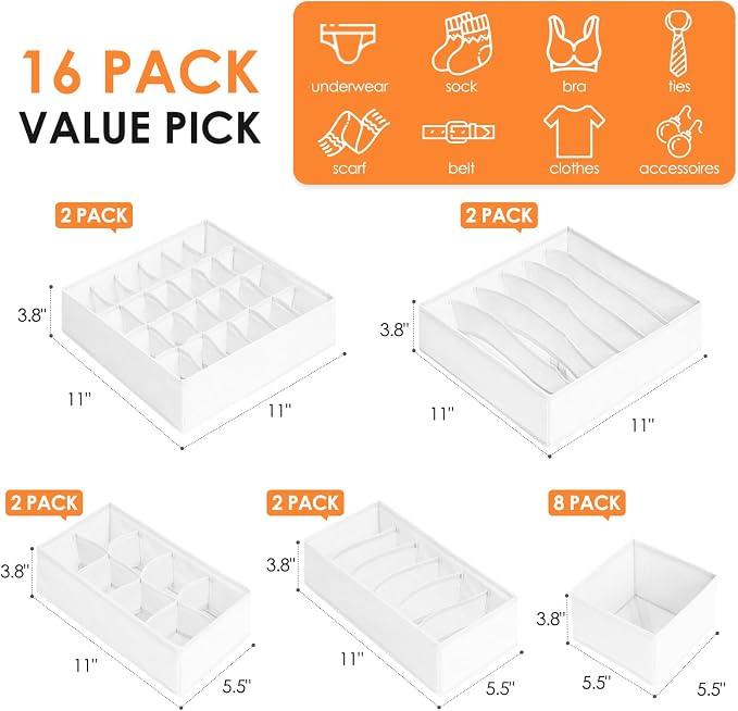 Criusia Drawer Organizer Clothes, 16 Pack Dresser Organizer Bins - Image 3