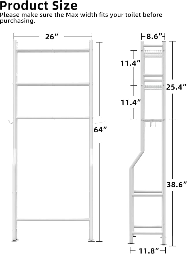 3-Tier Over The Toilet Storage, Freestanding Metal Bathroom Shelves - Image 3