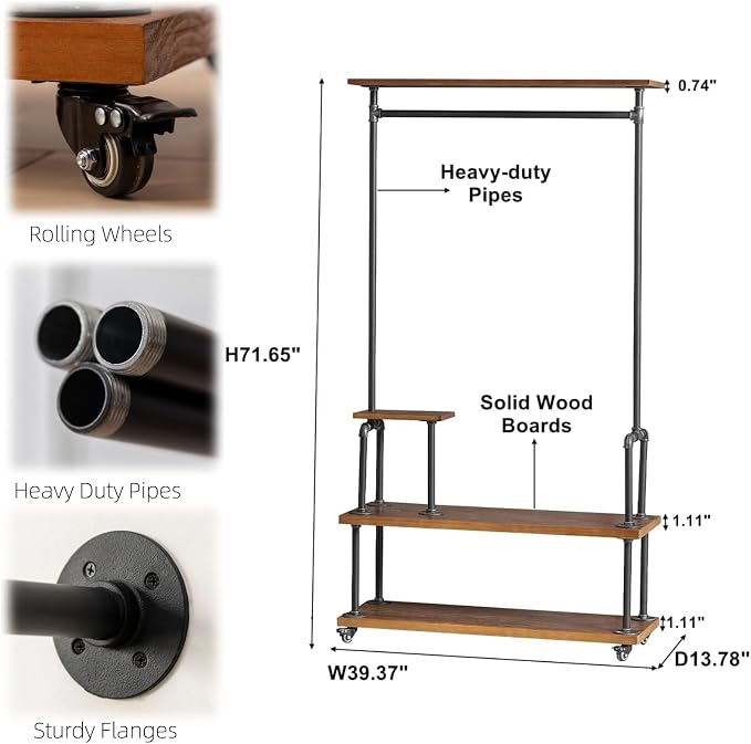 Industrial Clothing Rack, Pipe Style Rolling Garment Rack, Heavy Duty Steampunk - Image 4