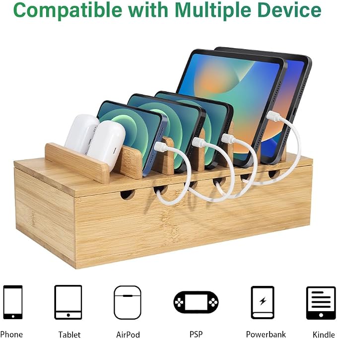 Bamboo Charging Station for Multiple Devices, Desk Docking Stations Organizer - Image 4