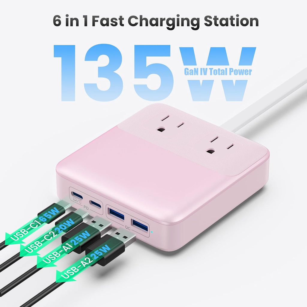 135W Charging Station USB C Power Strip,6-in-1 GaN USB C Charger Block