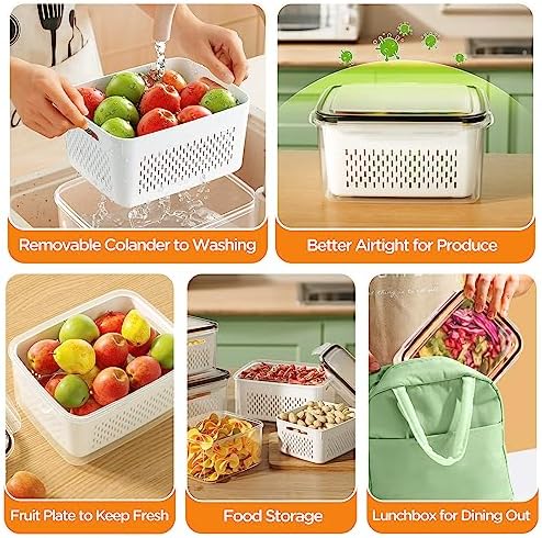 6 PCS Fruit Storage Containers for Fridge with Removable Colanders, 6 Plastic Food Storage Containers with 6 Lids, Leakproof Produce Containers Keep Fruits, Vegetables, Berry, Meat Fresh Longer