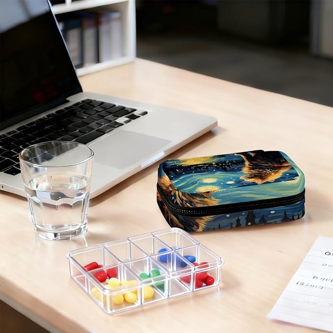 Oil Painting Starry Sky Cat Pill Organizer Travel Medicine Case - Image 7