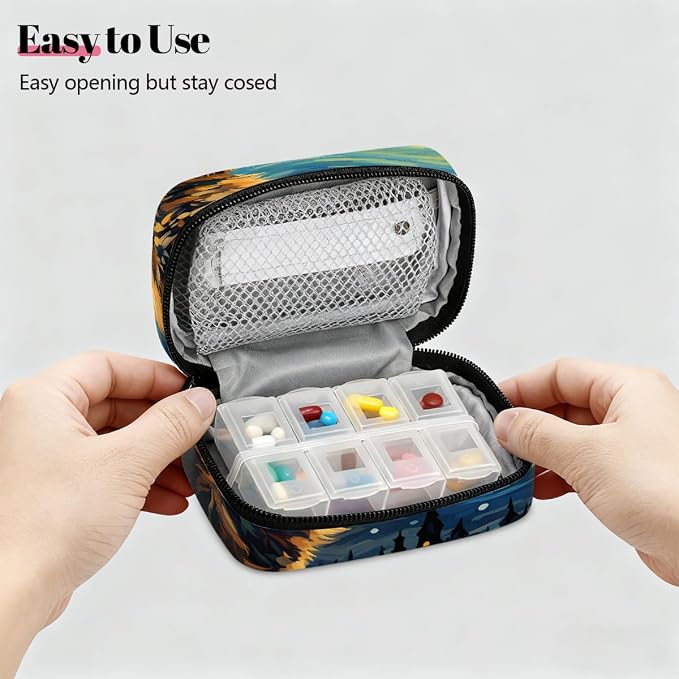 Oil Painting Starry Sky Cat Pill Organizer Travel Medicine Case - Image 3