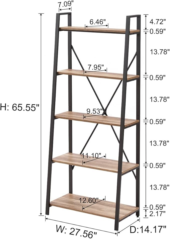 BON AUGURE Industrial 5 Tier Ladder Bookshelf, Wood and Metal Ladder Shelf - Image 2