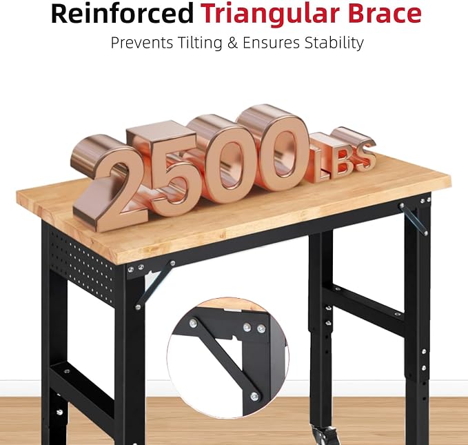 Work Bench with Wheels 48 x 20 Inch Heavy Duty Rubberwood Tabletop Garage - Image 2