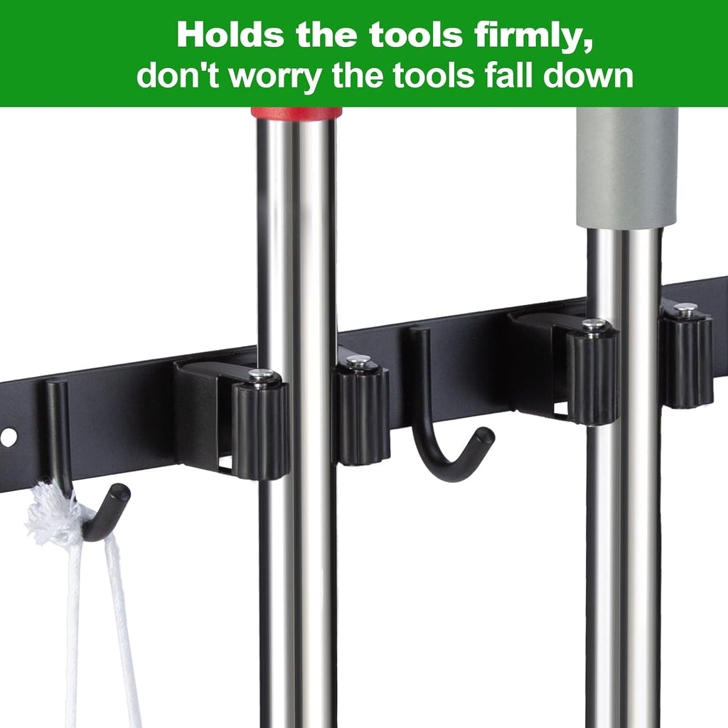 voze 2 Racks and 3 Hooks Mop and Broom Holder Wall Mount, Self