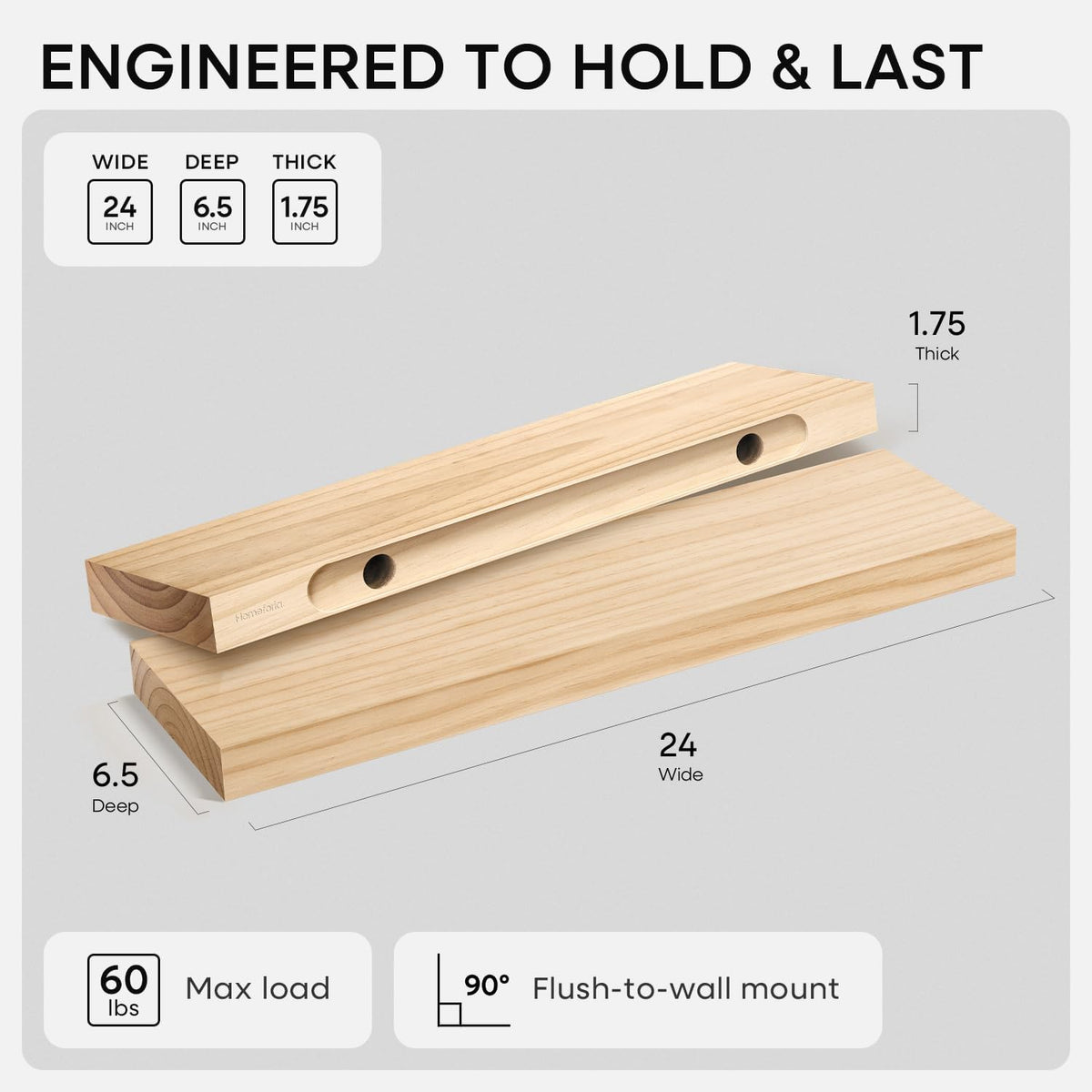 Homeforia 24 Inch Floating Shelves, High-End Solid Pine Wood, Set of 2