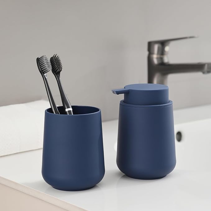 Matte Navy Blue Bathroom Accessories 2 Piece Set Plastic Soap Dispenser and - Image 7