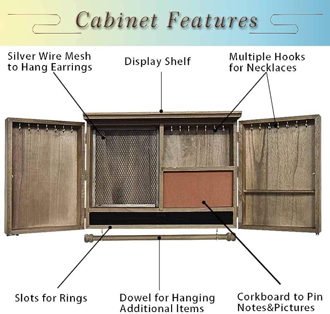 Rustic Wall Mounted Jewelry Organizer, Vintage Wooden Hanging Jewelry Holder Box - Image 4