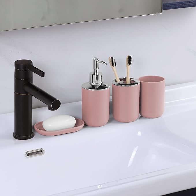 7 Piece Pink Bathroom Set, Soap Dispenser, Toilet Brush, Trash Can & Décor Tray - Image 2