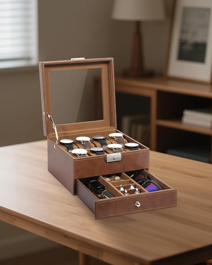 Uten 8-Slot Watch Box, 2-Layers PU Leather Watch Case - Image 8