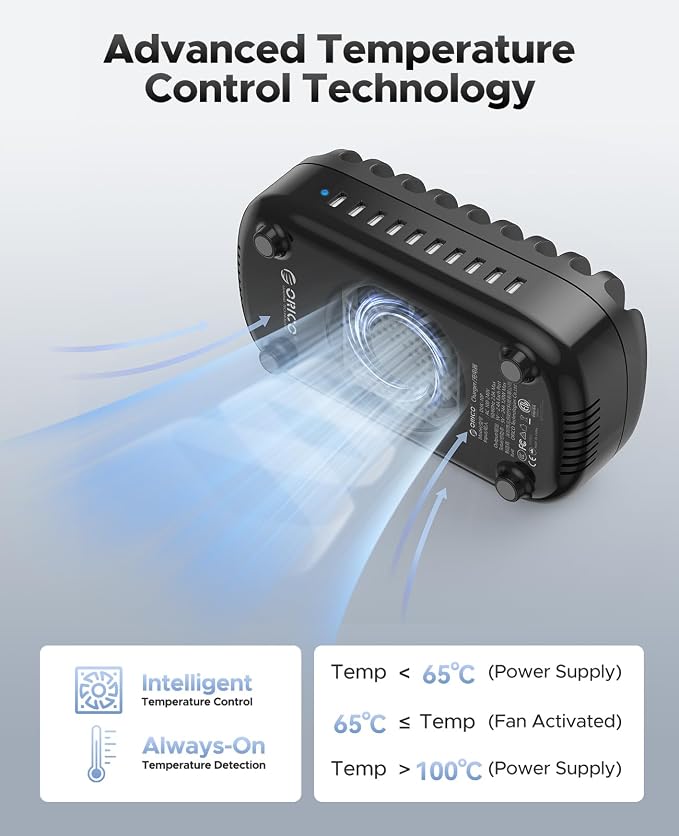 ORICO 120W Charging Station for Multiple Devices, 10-Ports USB Charging Docking - Image 3