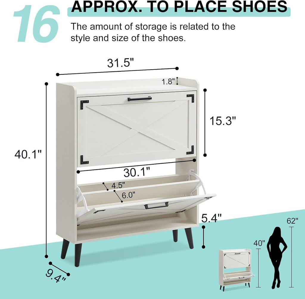 Farmhouse Shoe Storage Cabinet with 2 Flip Drawers & Barn Door