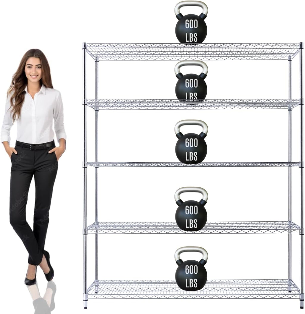 60"x24"x72" Heavy Duty Chrome Wire Shelving Unit, 5-Tier NSF Certified
