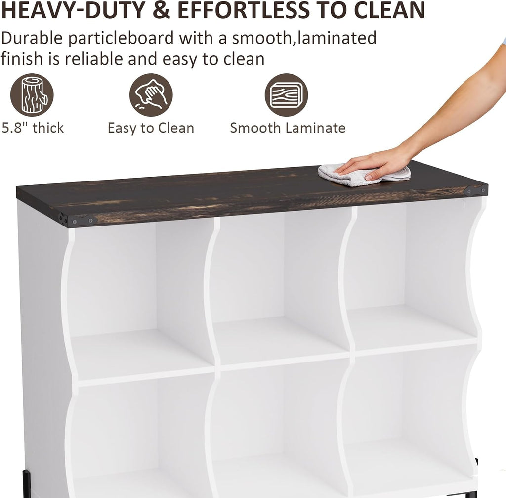 6 Cube Low and Short Book Shelf, White with Dark Brown Top