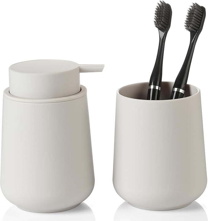 Matte Beige Bathroom Accessories 2 Piece Set Plastic Soap Dispenser and by KellyHome
