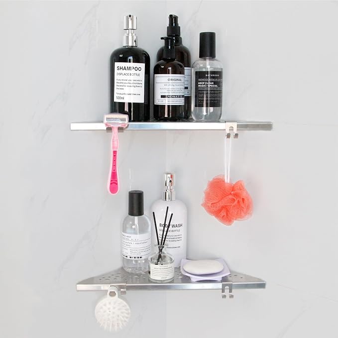 Shower Corner Shelf with 4 Hooks, No-Drill 10" Brushed Nickel 304 Stainless - Image 9
