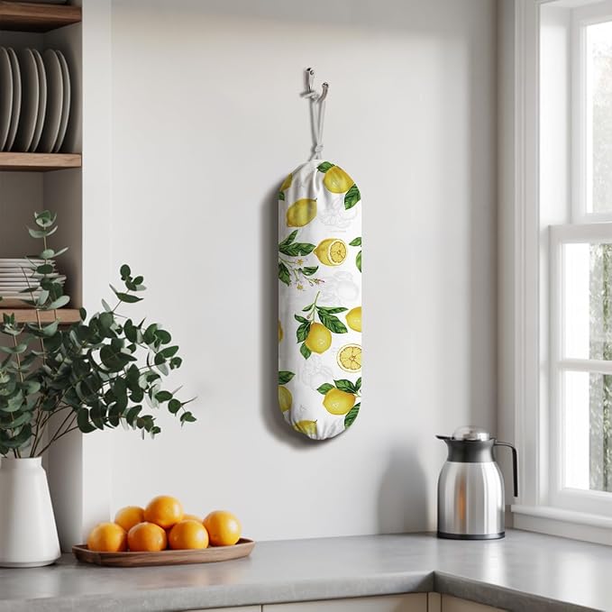 Lemon Plastic Bag Holder, Lemon Fabric Grocery Bag Dispenser, Wall Mount - Image 5
