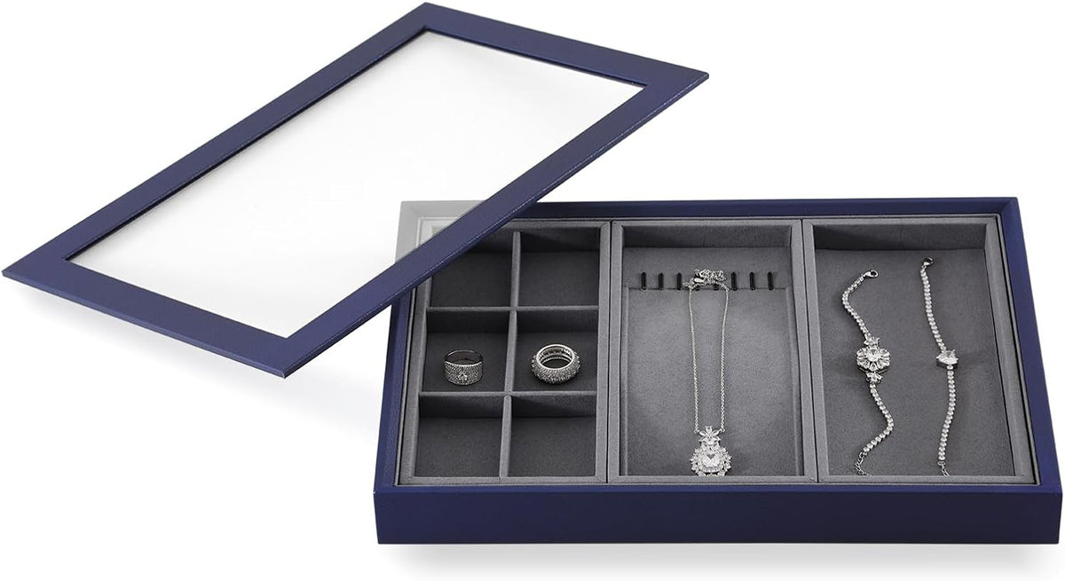 Dark Blue Jewelry Display Tray Ring Necklace Earring Bangle Organizer
