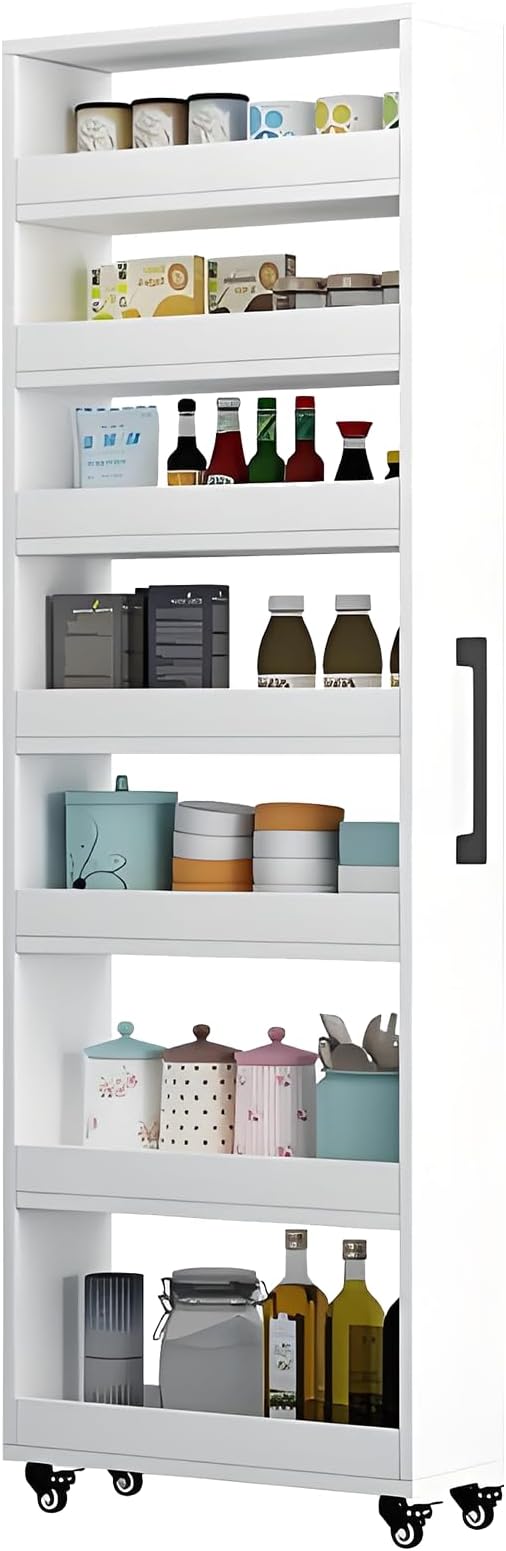 7-Tier Slim Storage Cart, Wooden Rolling Pantry Cabinet by Mingruiyu