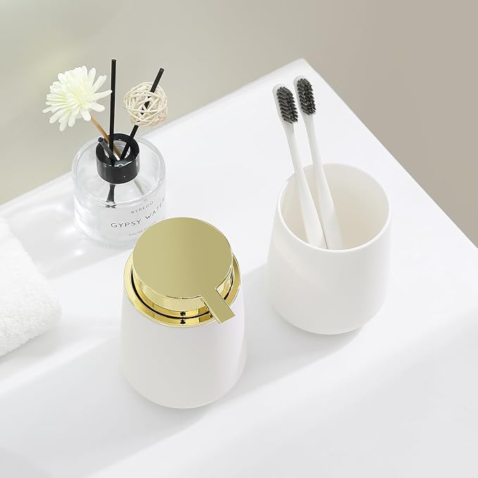 White and Gold Bathroom Accessories 2 Piece Set Luxury Matte Plastic Soap - Image 3