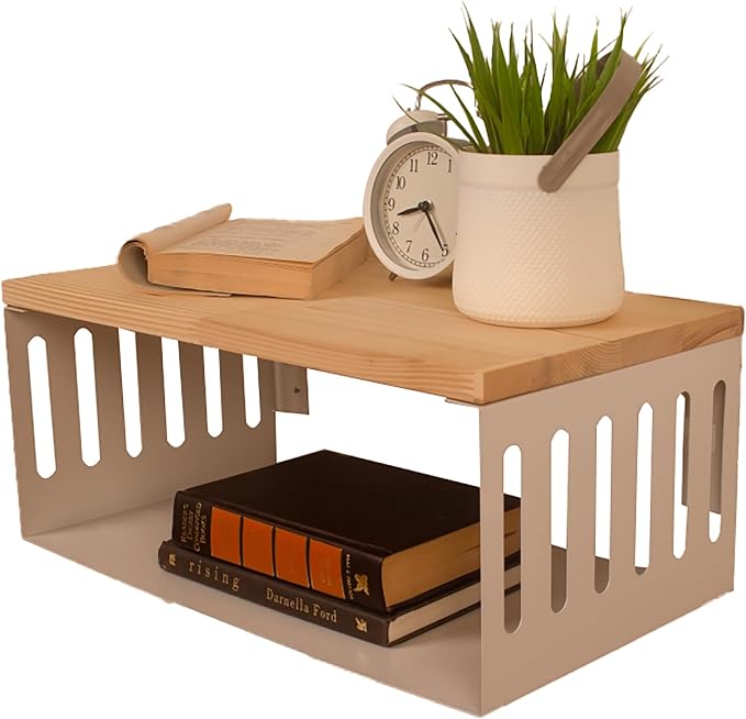 Floating Nightstand with White Metal Base, Wooden Top and Sturdy Metal Base by Woodches