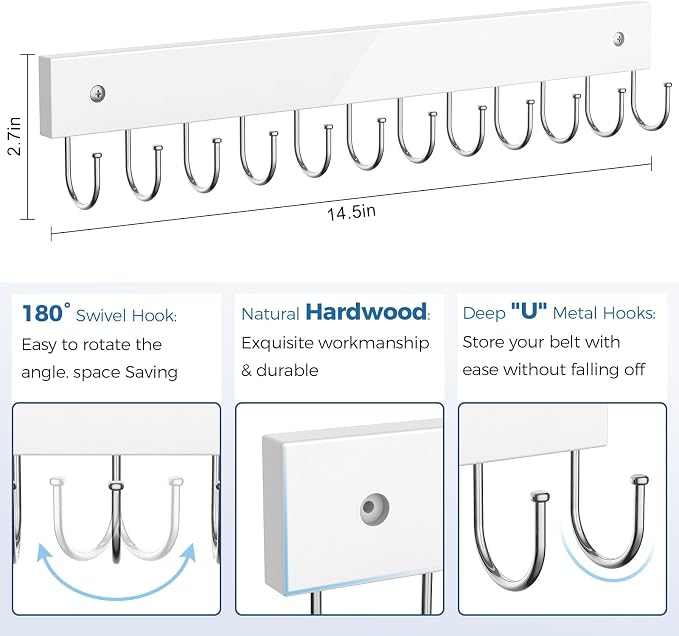 Belt Hanger Wall Mounted, Wooden Belt Organizer Max 12 Storage Capacity - Image 4