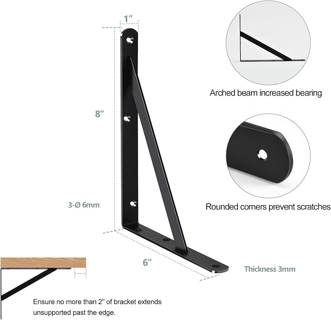 8 Pack L8 x H 6" Black Heavy Duty Shelf Brackets - Image 2