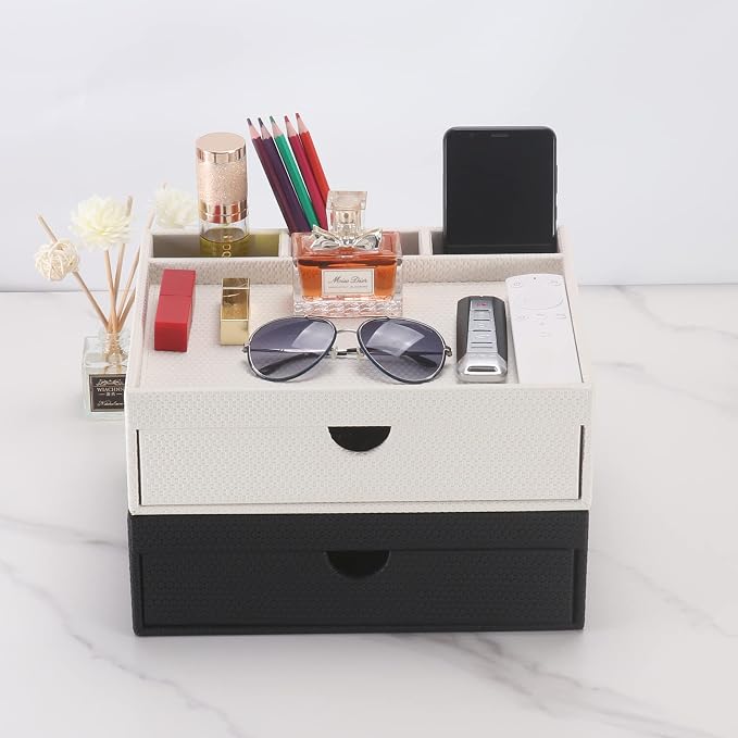 Leather Desk Organizer With Drawers, Home Cosmetics & Phone Remote Organizer - Image 9