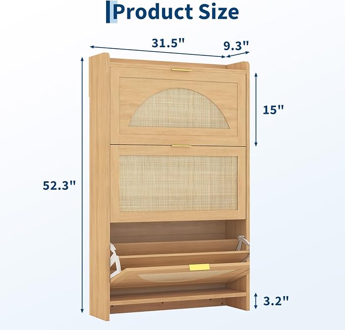 Rattan Shoe Cabinet with 3 Flip Drawers, Natural Wood Shoe Storage Cabinet - Image 2