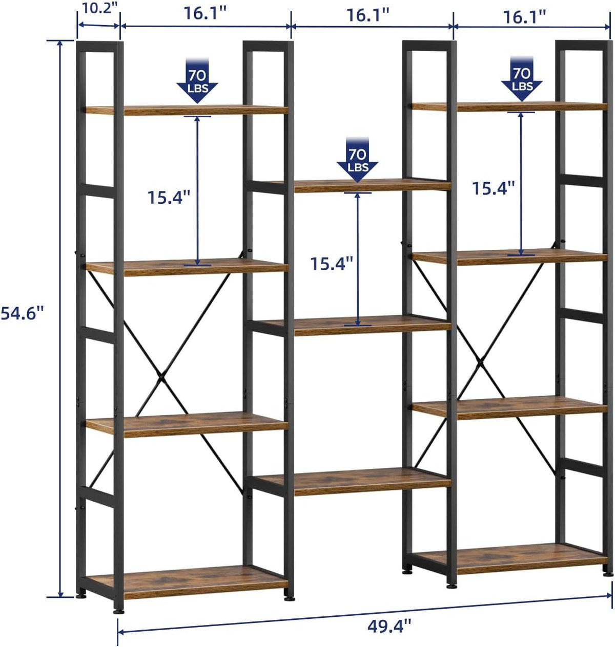 NUMENN Triple Column 4 Tier Bookshelf with 11 Adjustable Shelves