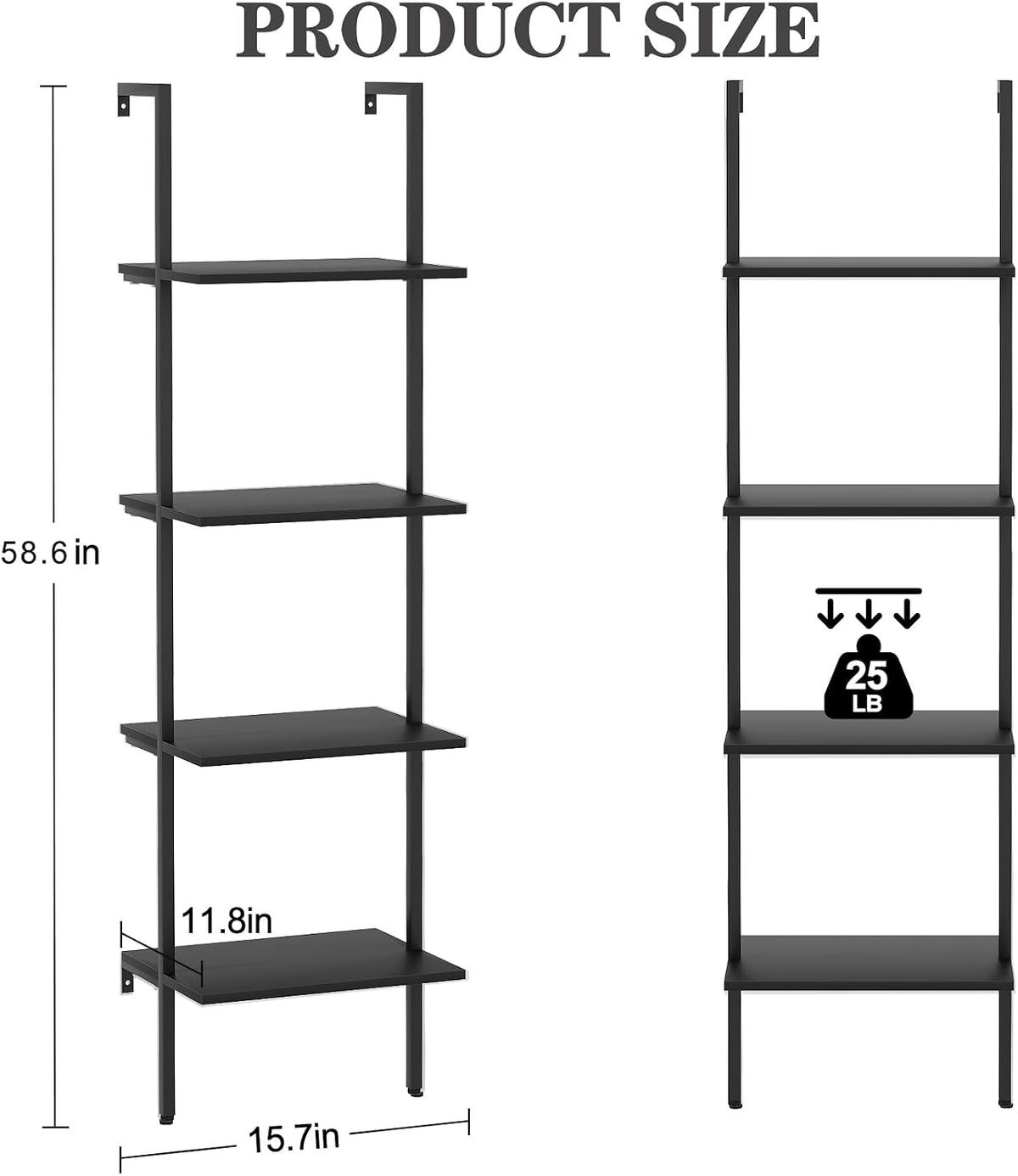 Ladder Shelf 4 Tiers Metal Industrial Bookshelf,Black Wooden Tall Open