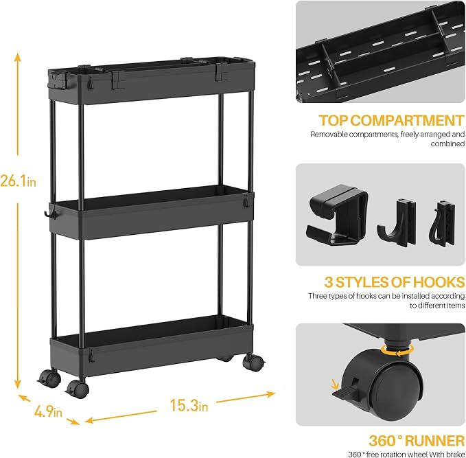 SPACELEAD Slim Storage Cart 3 Tier, Bathroom Organizer Rolling Utility - Image 4