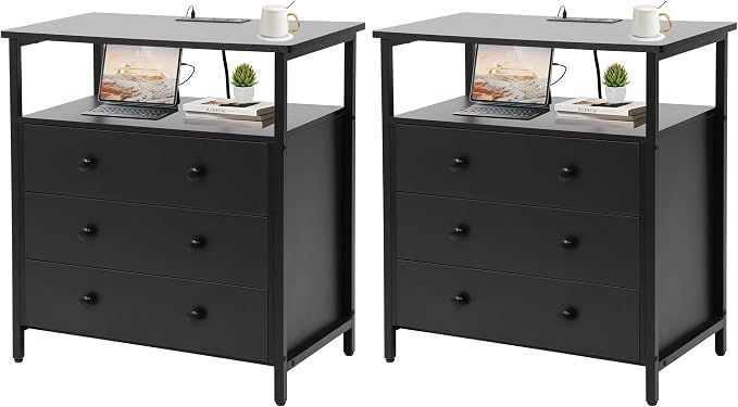 3 Wooden Drawers Nightstand, 27 Inch Wide Night Stand Set 2 by Edbuosy