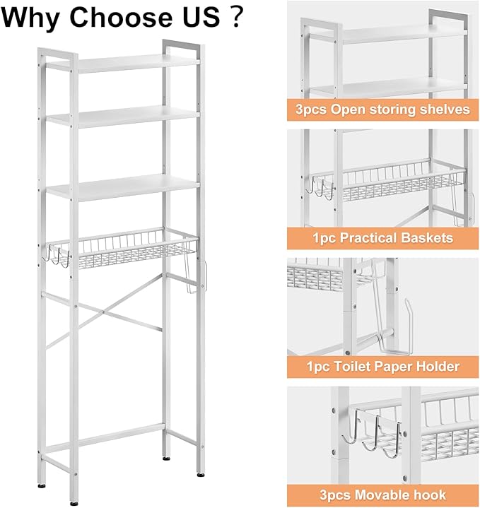 Over-The-Toilet Storage Rack, 4-Tier Bathroom Organizer Shelf Over Toilet - Image 6