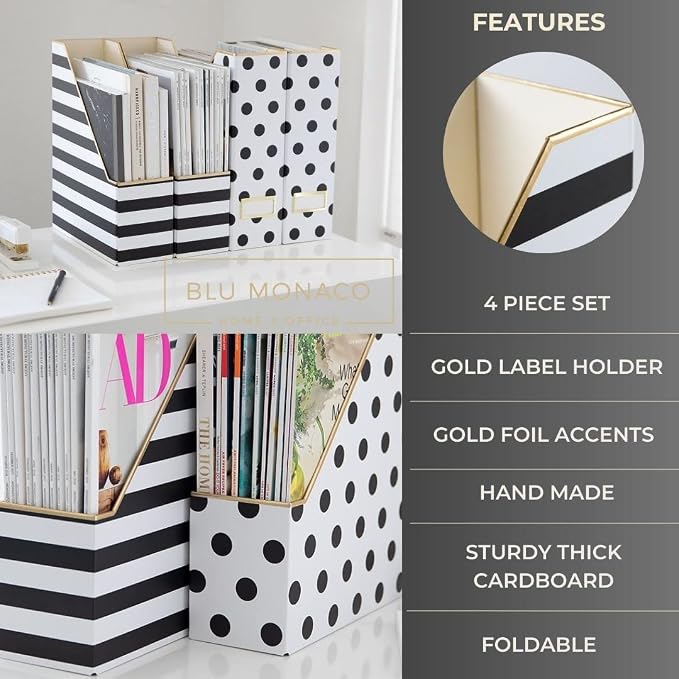 BLU MONACO Set of 4 Magazine File Boxes | 2 Black & White Stripes + 2 Polka - Image 5