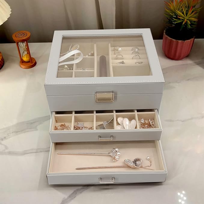 BOOVO Clear Lid Jewelry Box, 3 Layers Jewelry Organizer Large Multi-Functional - Image 9