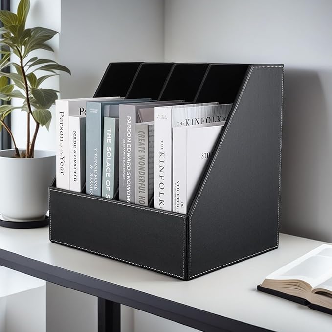 KINGFOM 4-Slot Wood Leather Document Files Holder Rack Stand Desk Files - Image 9