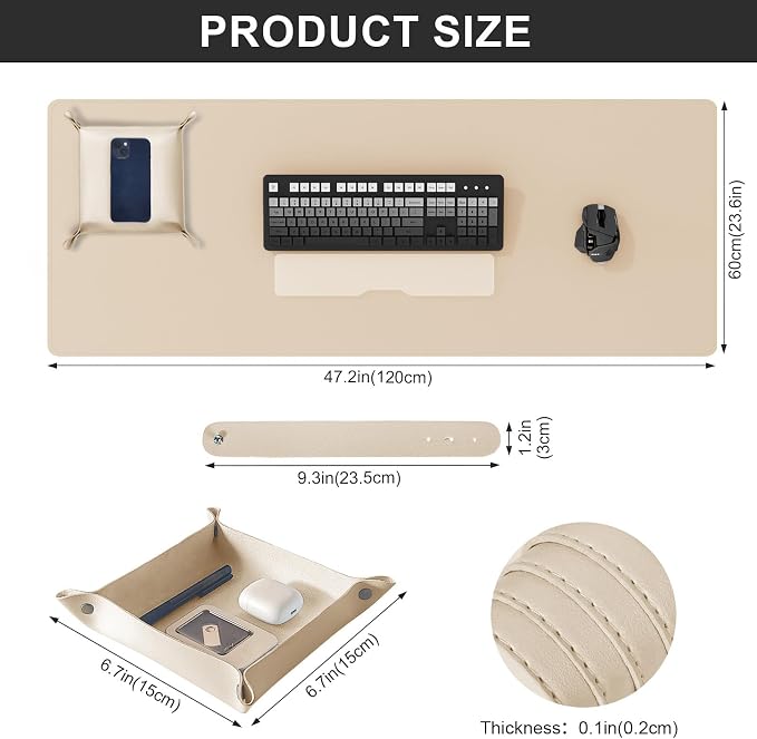 DAWNTREES Dual Sided Desk Mat, Khaki Leather Desk Pad, 47.2''x23.6'', Cork Desk - Image 2